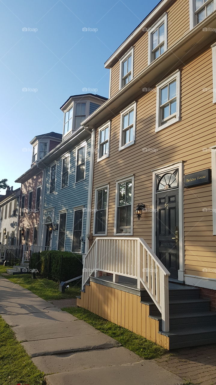 Georgian facades at sunset at Great Georges street, Charlottetown, Prince Edward Island, Canada