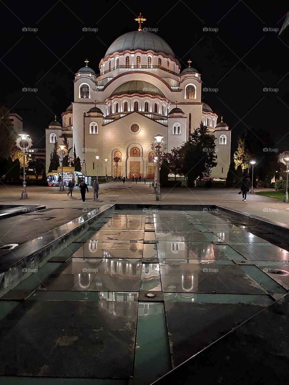Saint Sava Temple and reflection in fountain