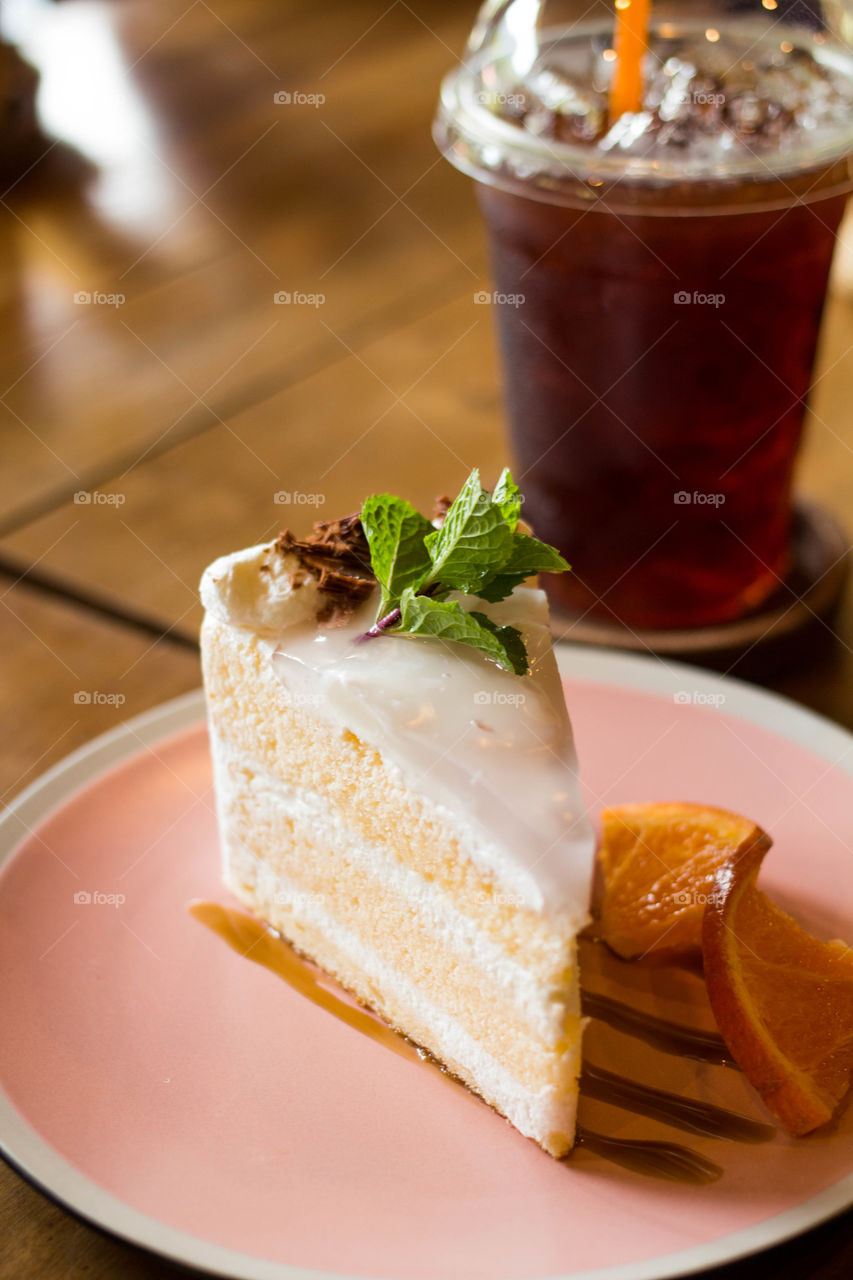Coconut cake with ice coffee