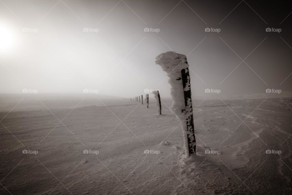 Winter landscape with snowy poles. Looks like a abdonned landscape.