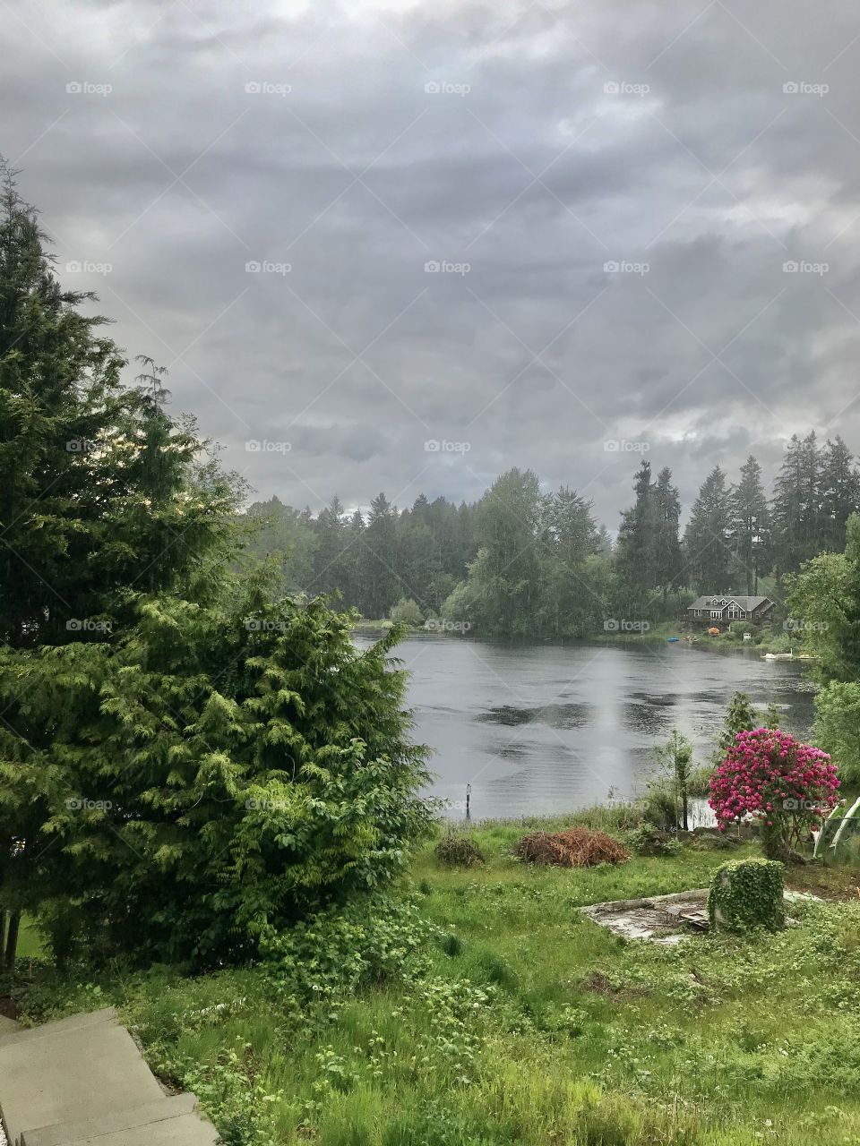 Beautiful view of a peaceful lake on a cloudy day surrounded by trees and forest in a lake house neighborhood 