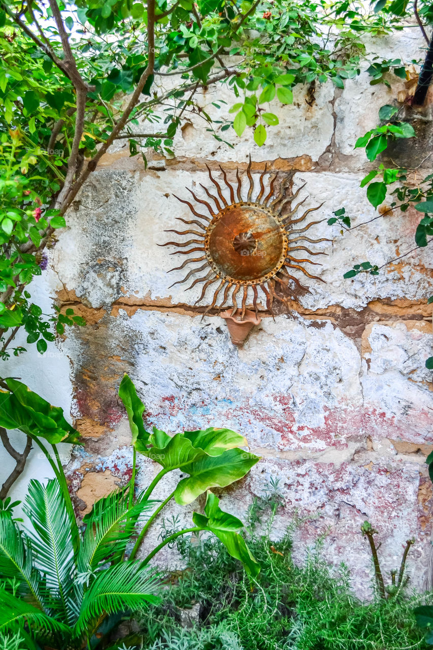 Sun ornament on stone wall surrounded by growing plants  