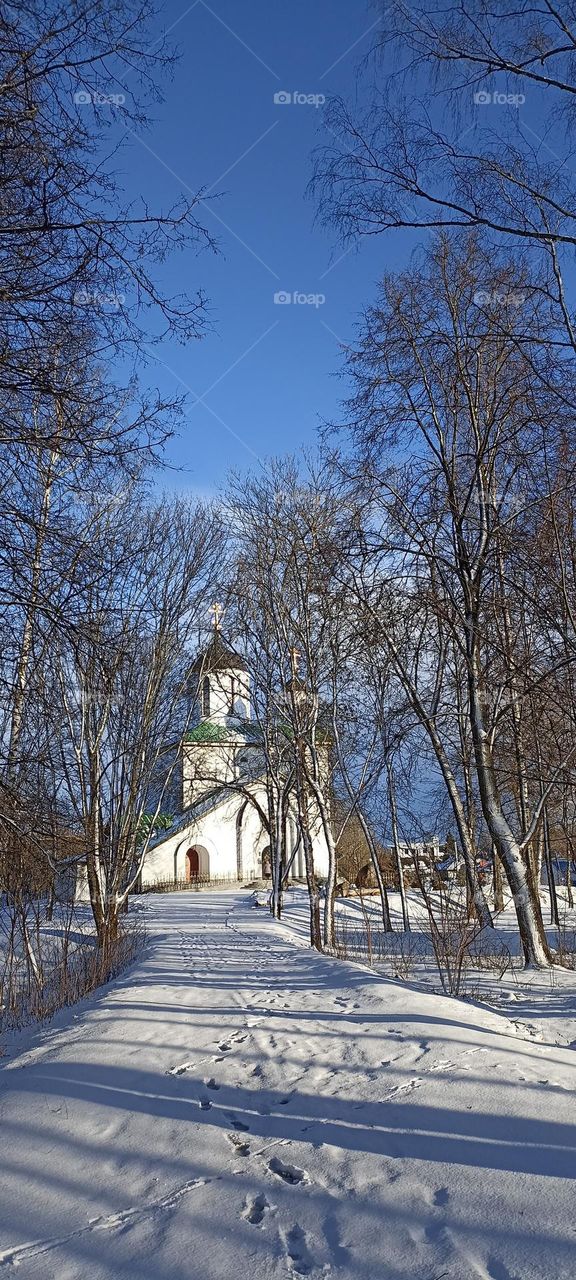 church beautiful winter nature landscape