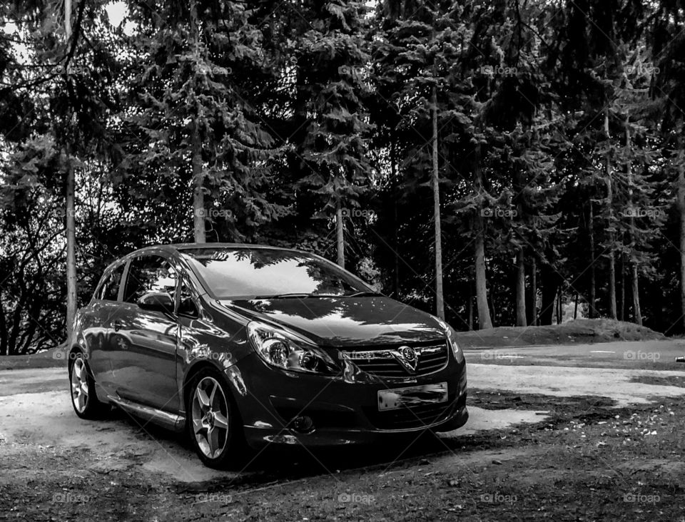 A car parked in a car park in a wooded area in black and white.