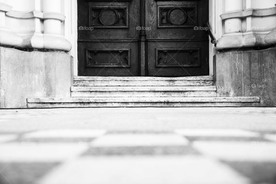 entrance to church. entrance to catholic cathedral in novi sad in serbia shit from a low angle