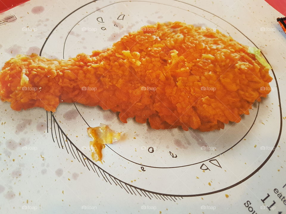 perception. This is an image of a chicken leg piece which is printed on a paper. hadnt guessed it right? looks real yum though.