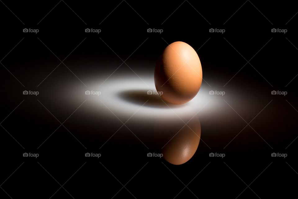 Brown egg in the spotlight. Brown egg in bright spotlight. Light around the egg is white, slowly turning to black. Reflection of the egg in black 