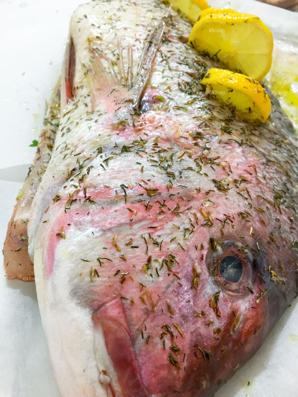 Red snapper fish prepared for cooking closeup 