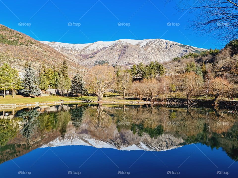 mountains and forest are reflected on the calm lake