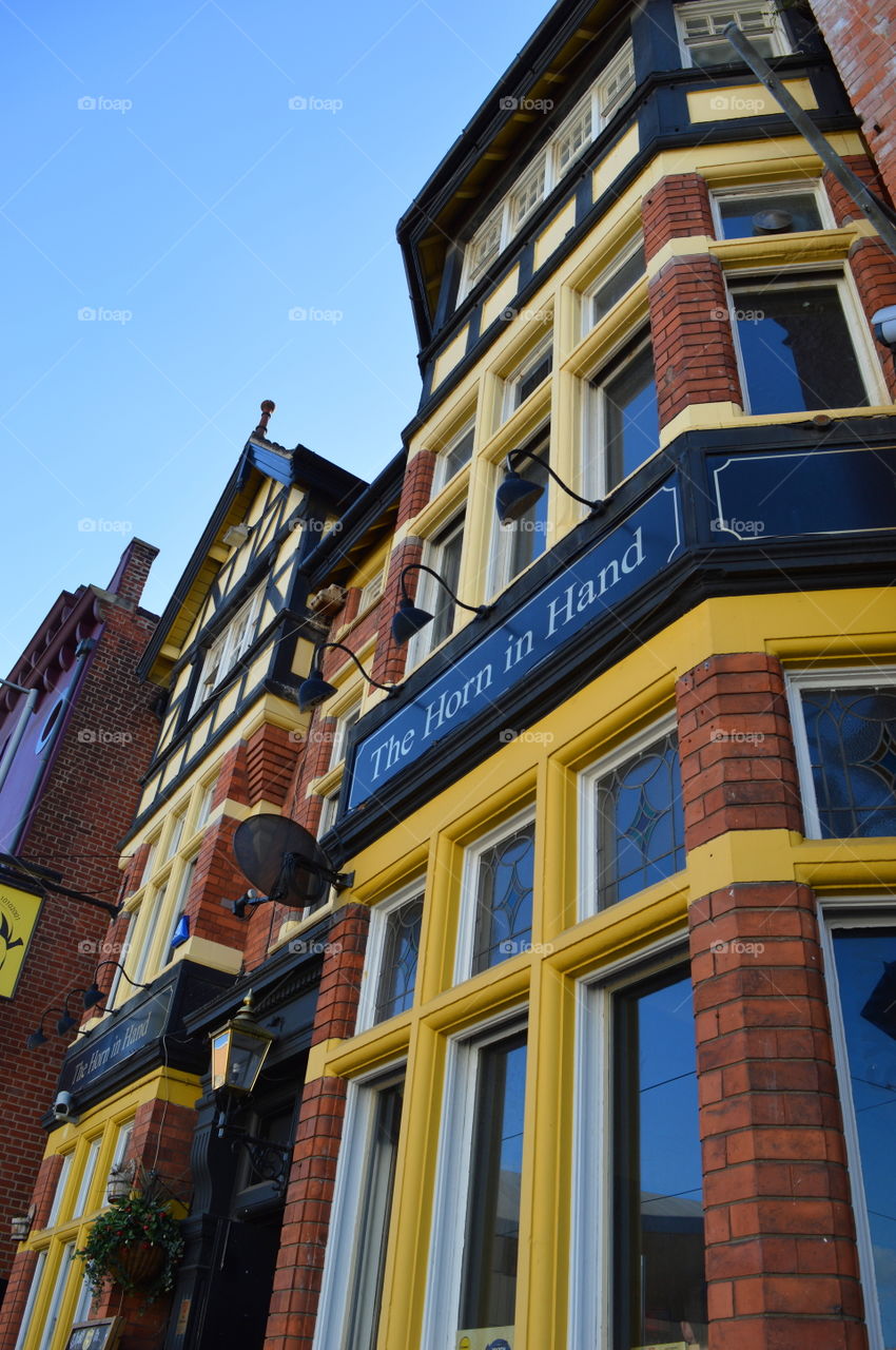 looking up. colourful abstract architecture in England