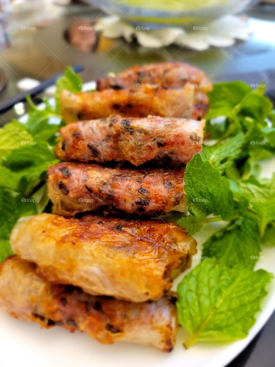 Mom's cooking home made Vietnamese Springroll with mint leaves in Hong Kong