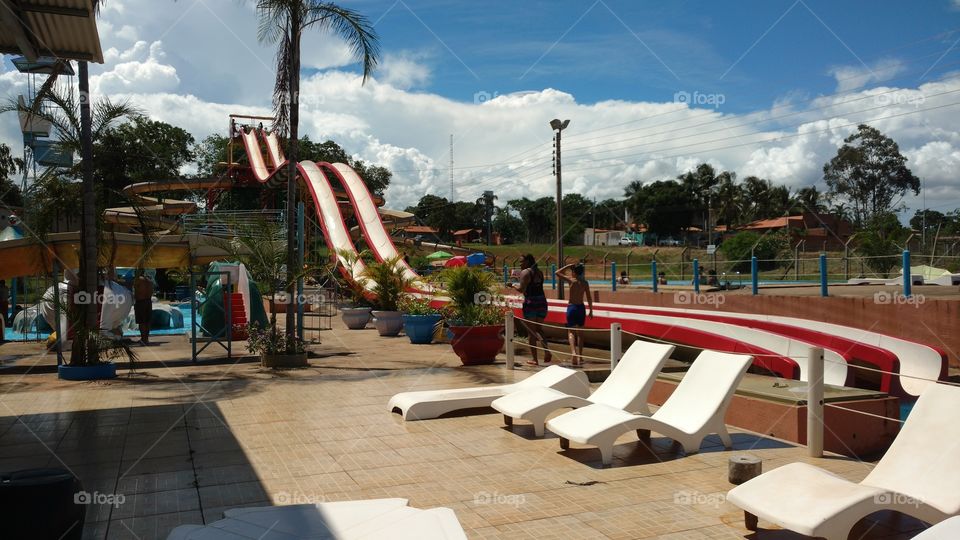 Piscina, tobogã aquático, clube, férias, verão.