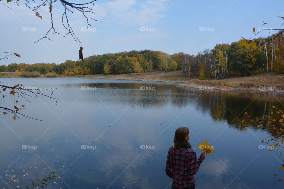 Autumn, girl, lake