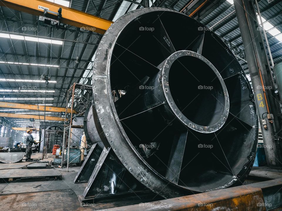 A large steel turbine in a steel factory