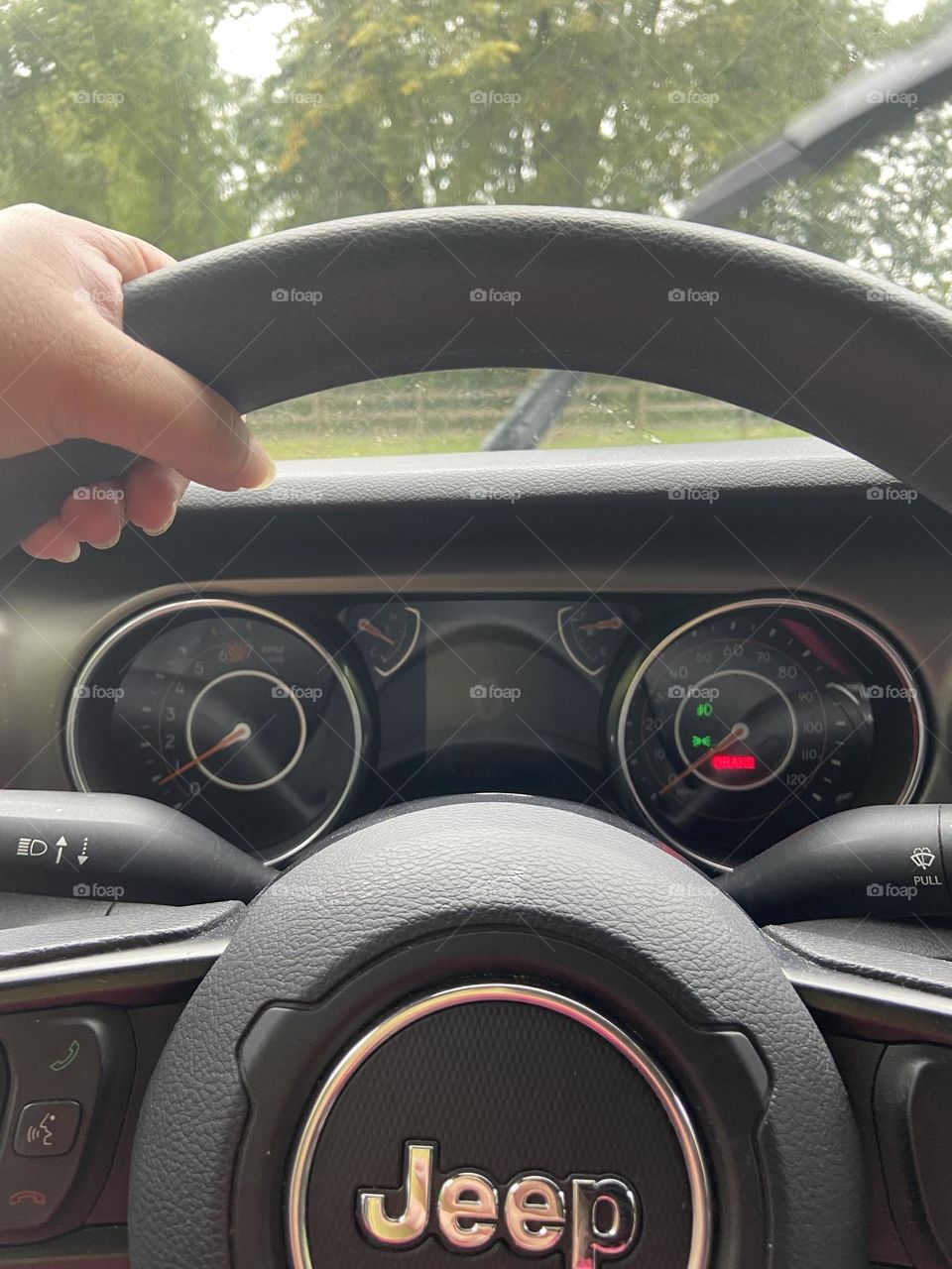 My hand on the steering wheel of my Jeep looking out at the trees across the way on a recent cloudy and rainy day at a nearby park. It had just started to drizzle so I turned on my windshield wipers. 