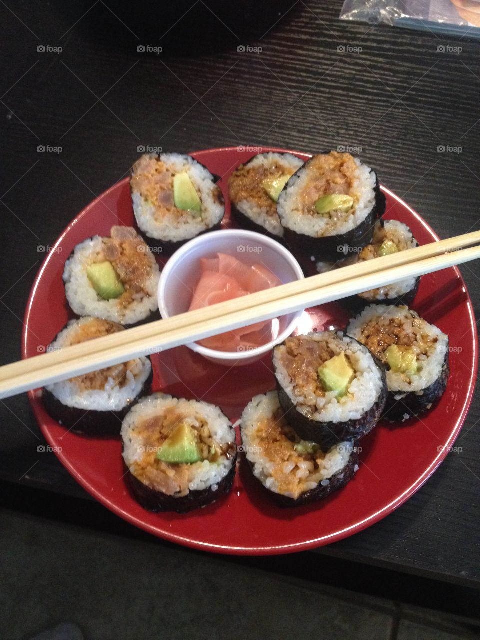 Sushi 
Home made
Spicy tuna
Avocado
Lunch
Ginger
