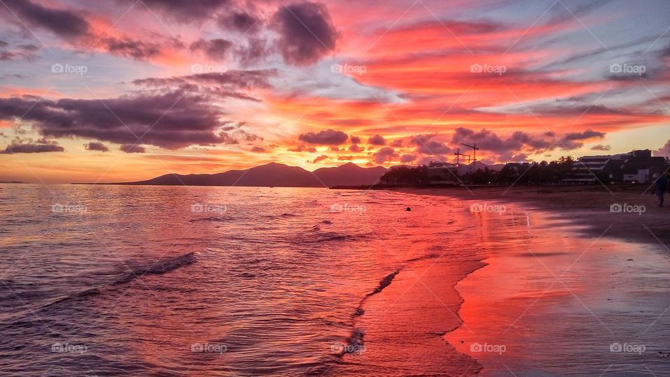 red sunset on lanzarote canary island in Spain