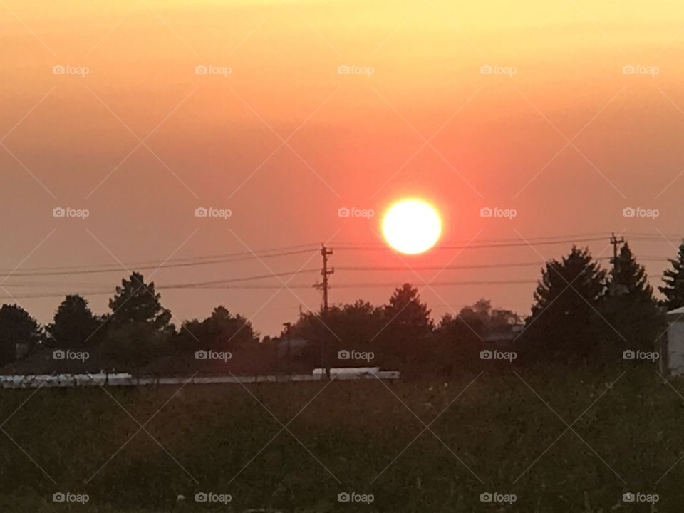 A beautiful bright red sun that is setting over a small country town. Trees are in the background with power lines that give clues to a some civilization.