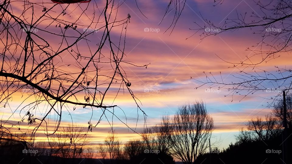 Beautiful sunrise taken at a country home. The sky is painted with all colors of the rainbow, like the greatest work of an artist. Tree silhouettes fill out the photo.