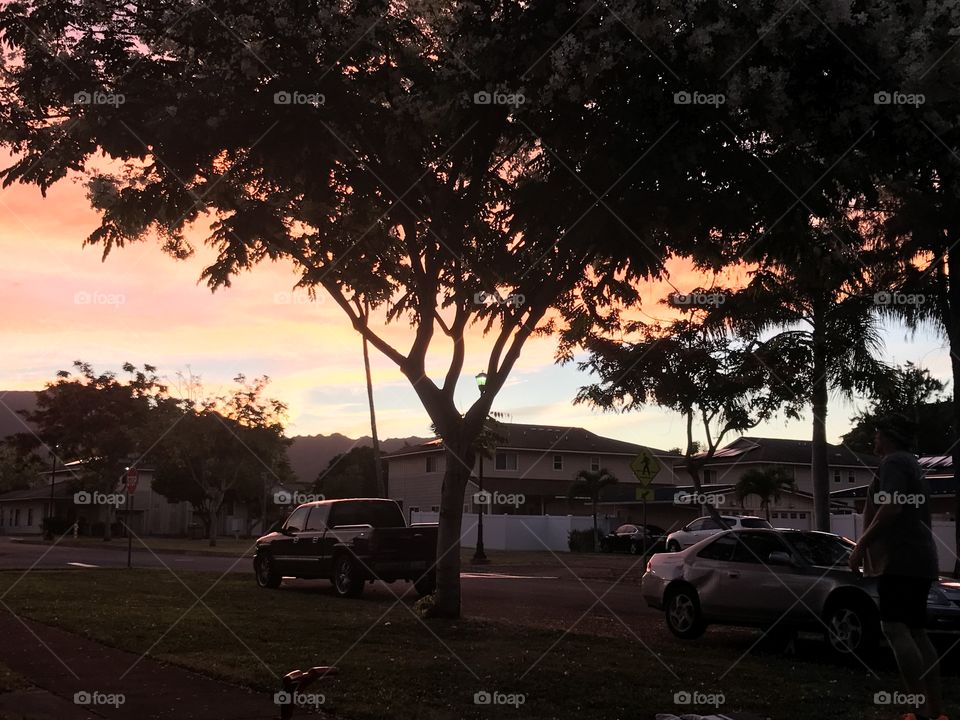 Neighborhood Hawaiian Sunset, orange, yellow, blue, red
