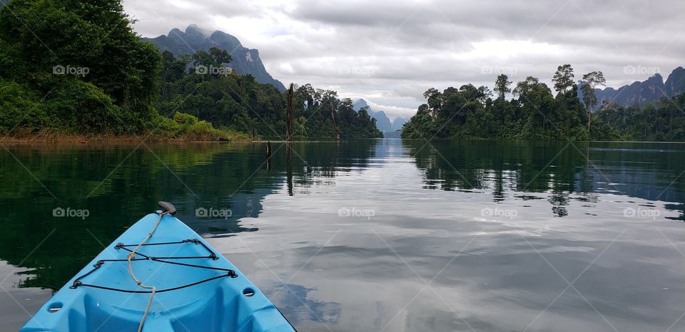 Kayaking in serene lake