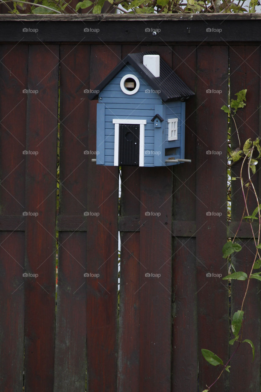 Blue bird house on wooden fence in the garden  - blå fågelholk på trästaket i trädgård 