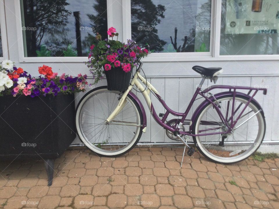 A vintage purple and white bicycle holding a basket of flowers on the front by a white building 