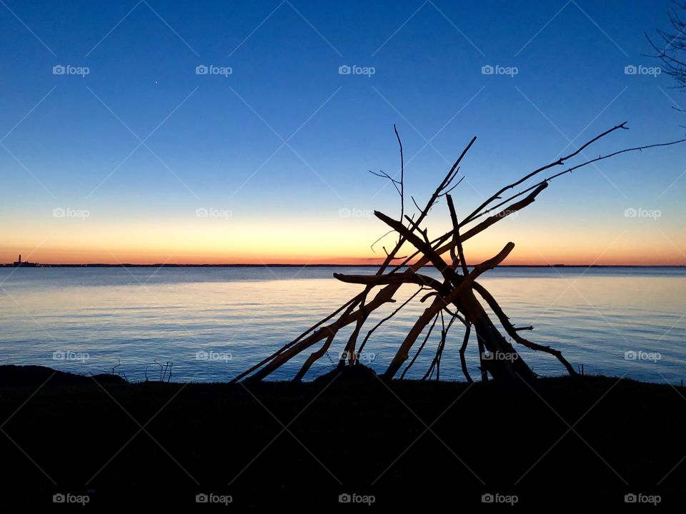 Sunset by the Lake. Bright blue colors with stick structure in the foreground. 