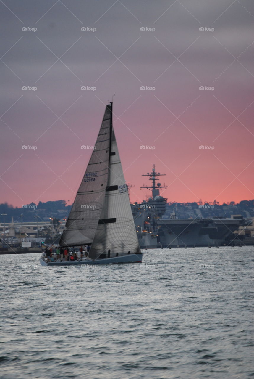 Naval ship at sunset on San Diego bay 
