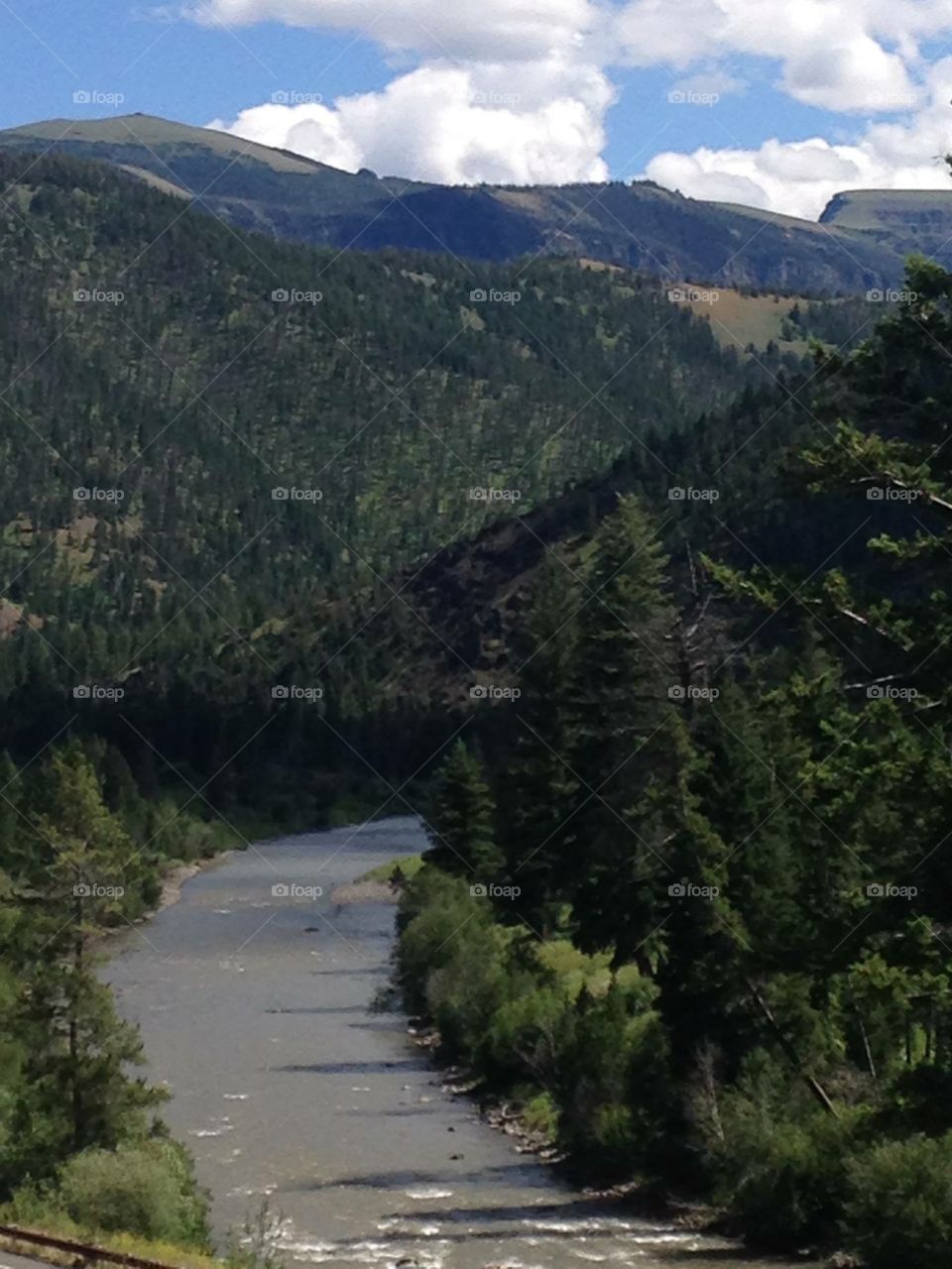 Mountains hills with river in Wapiti, Wyoming.