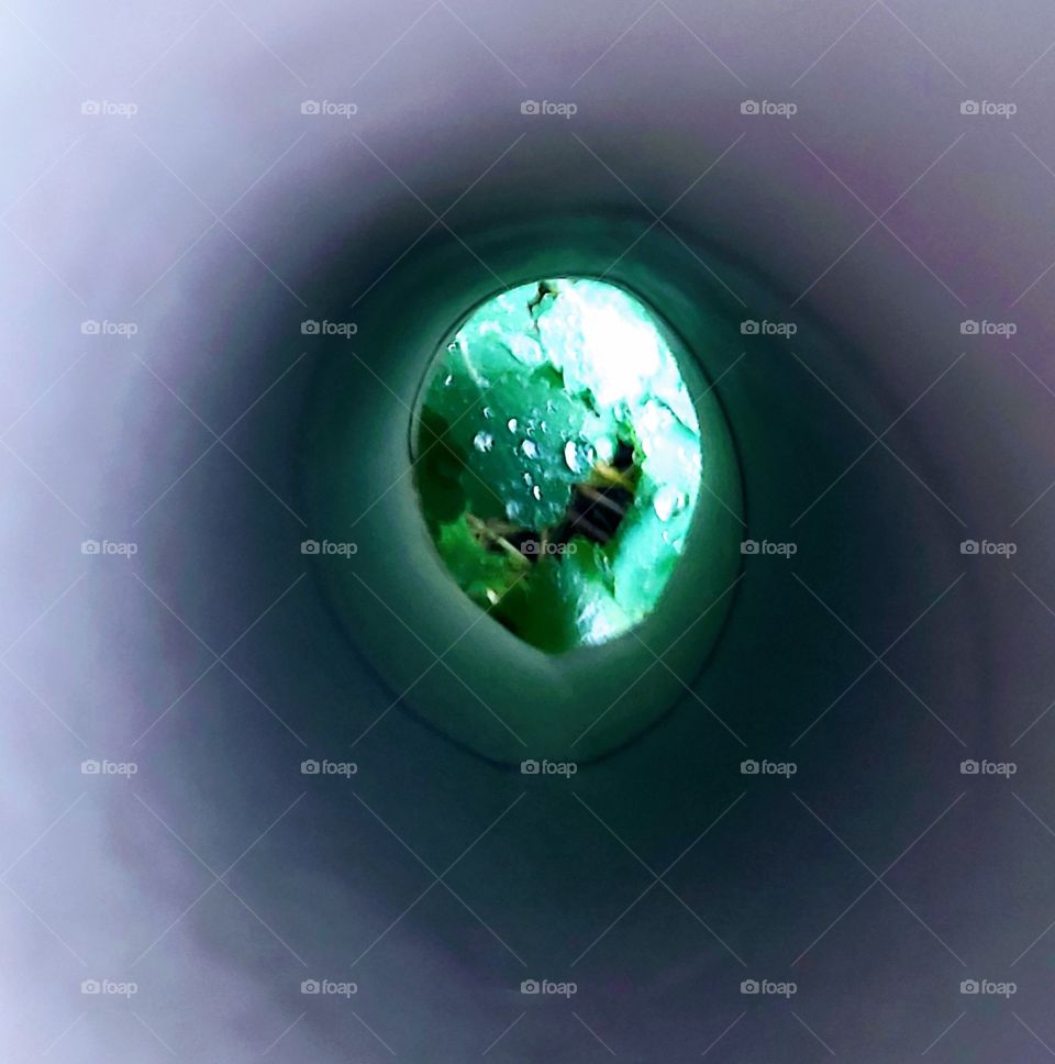 Vue autrement de gouttes d'eau sur une feuille