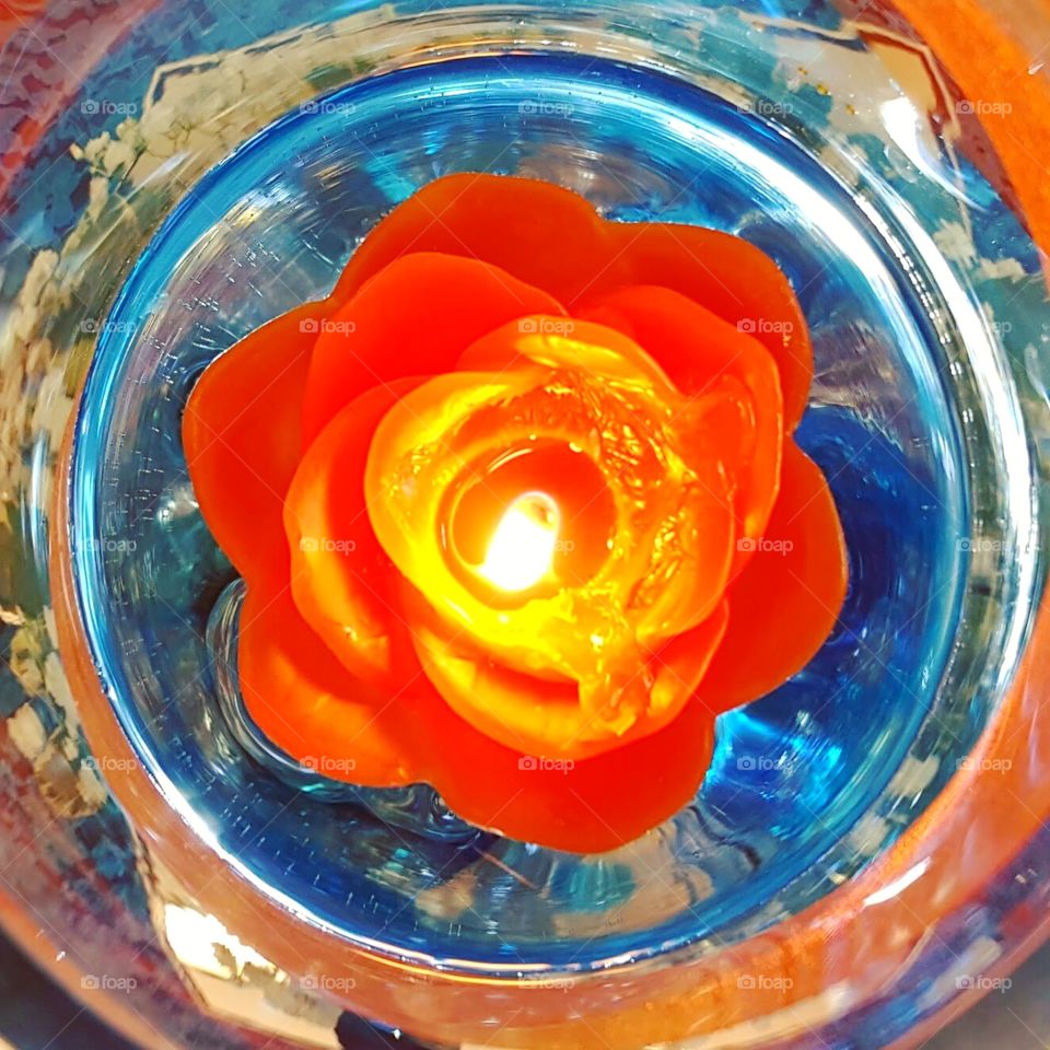 Closeup of a burning orange flower candle floating in blue water.