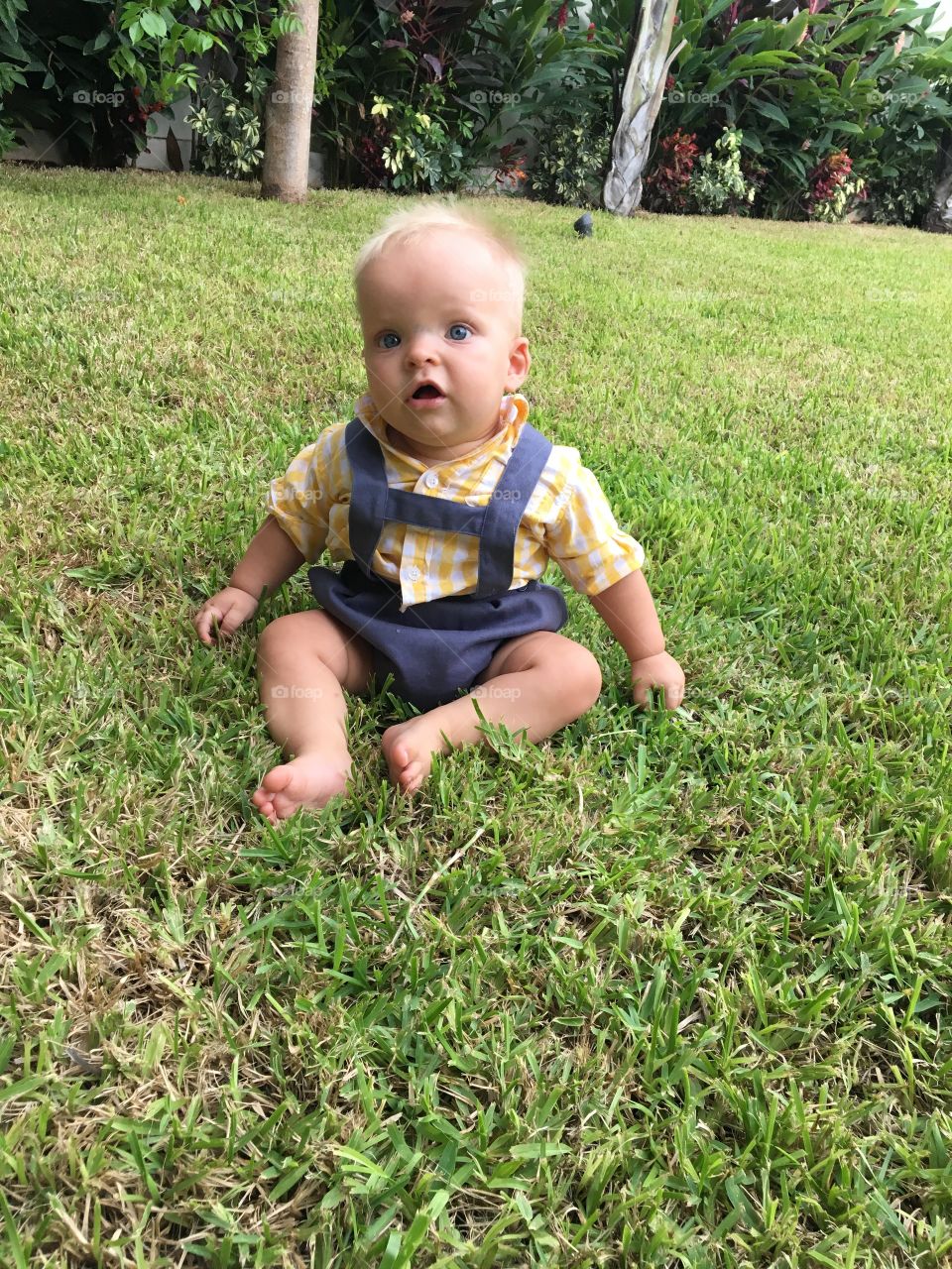 A cute little 6 month old boy playing on the grass 