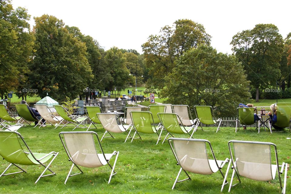 Chairs by Djurgården canal. Chairs by Djurgården canal