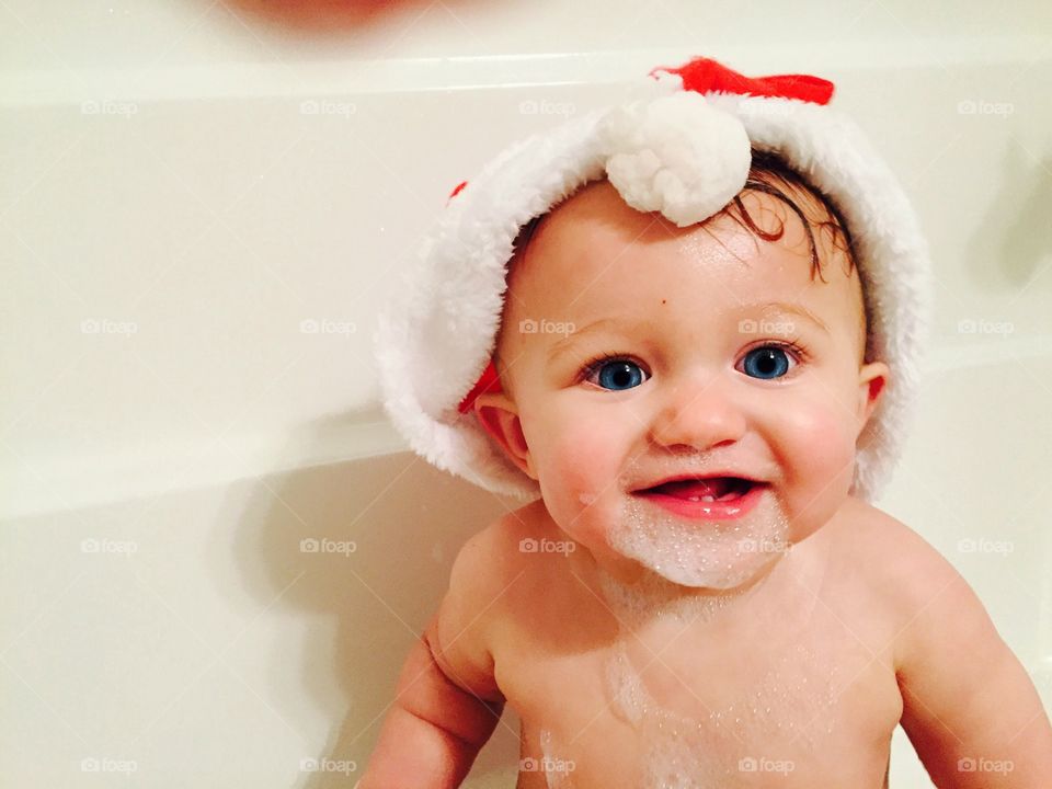 Baby Santa in bathtub with soap beard