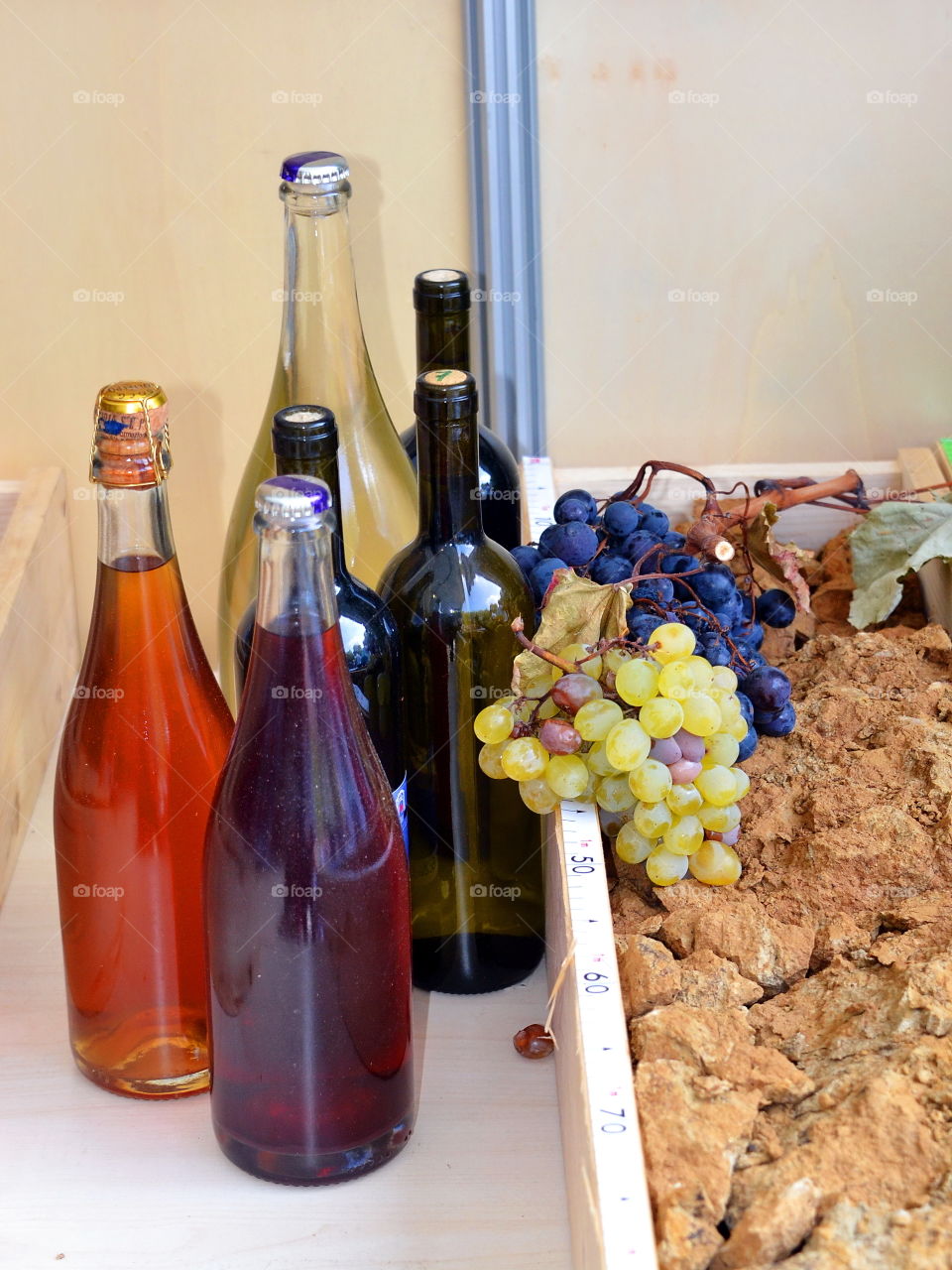 bottles of wine and bunches of grapes