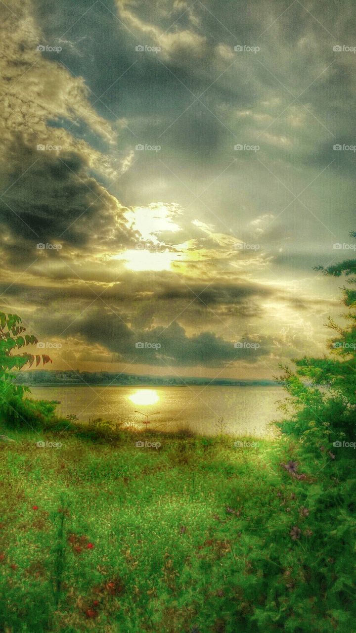 sunset, Nesebar, landscapes, sea, clouds, cloudy, green,