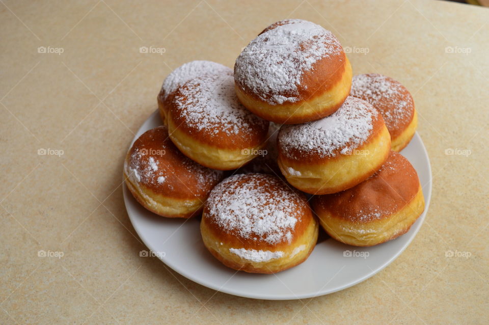 High angle view of donuts