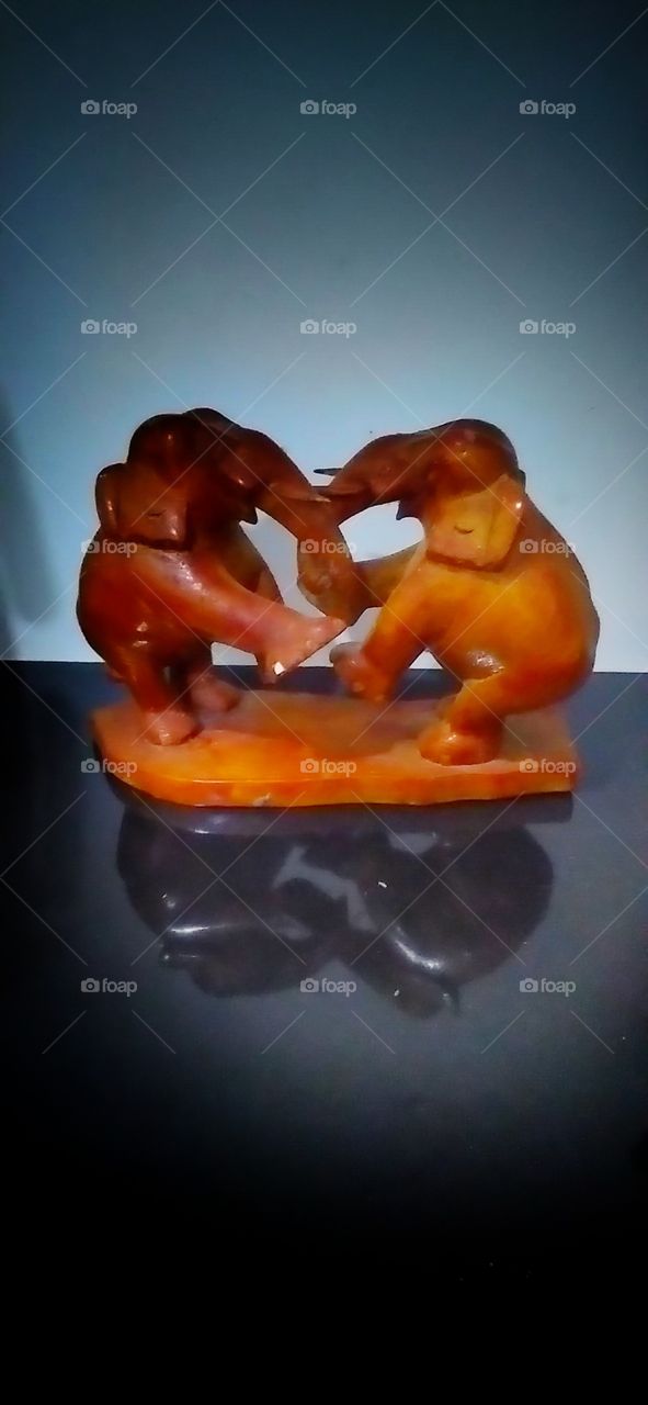 A beautiful xylograph captured on my camera with a beautiful background. Two tuskers are there made by wooden.I captured this beautiful xylograph at my home.