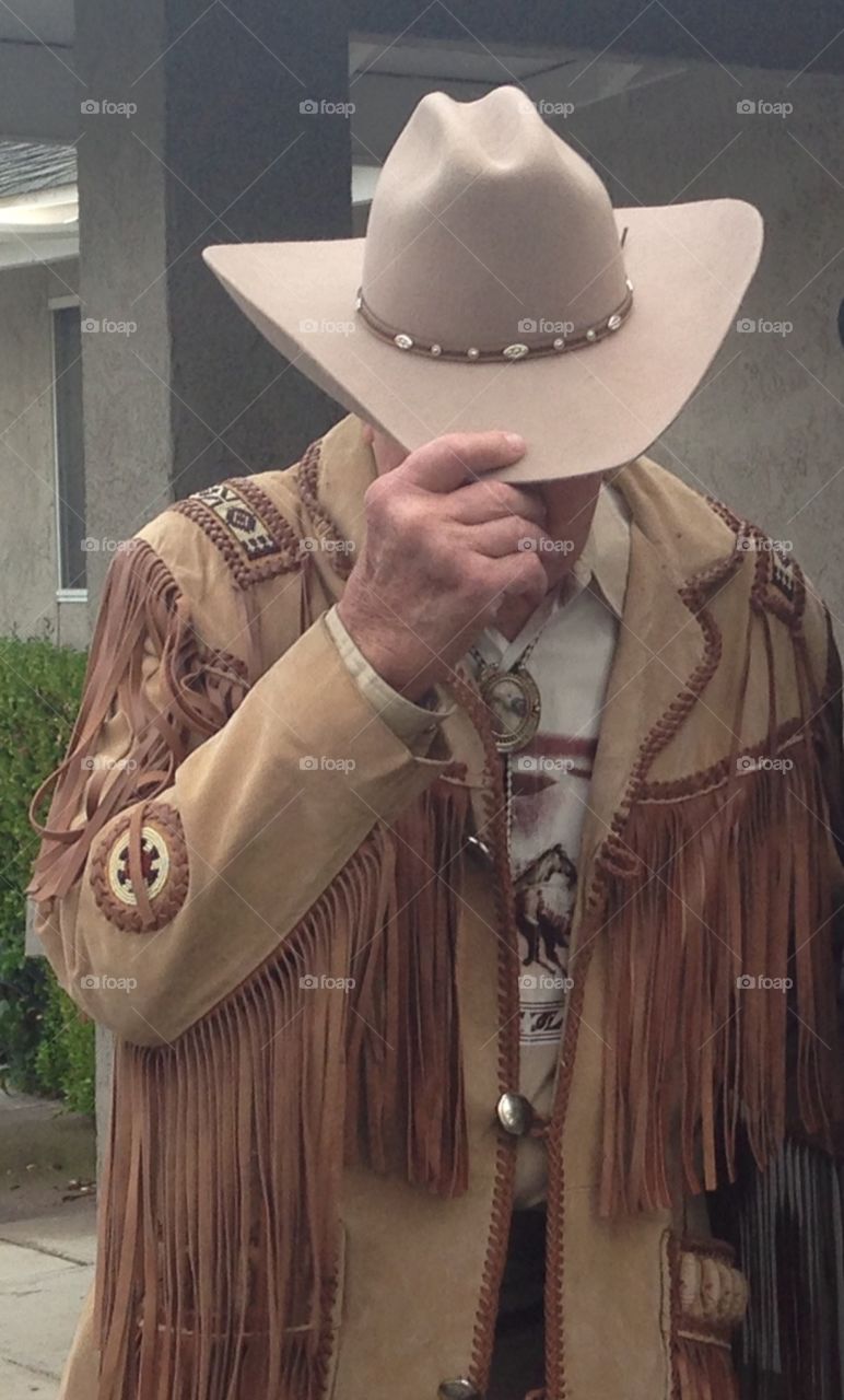 Senior Cowboy in Fringed Western Jacket. Senior Cowboy in Fringed Western Jacket