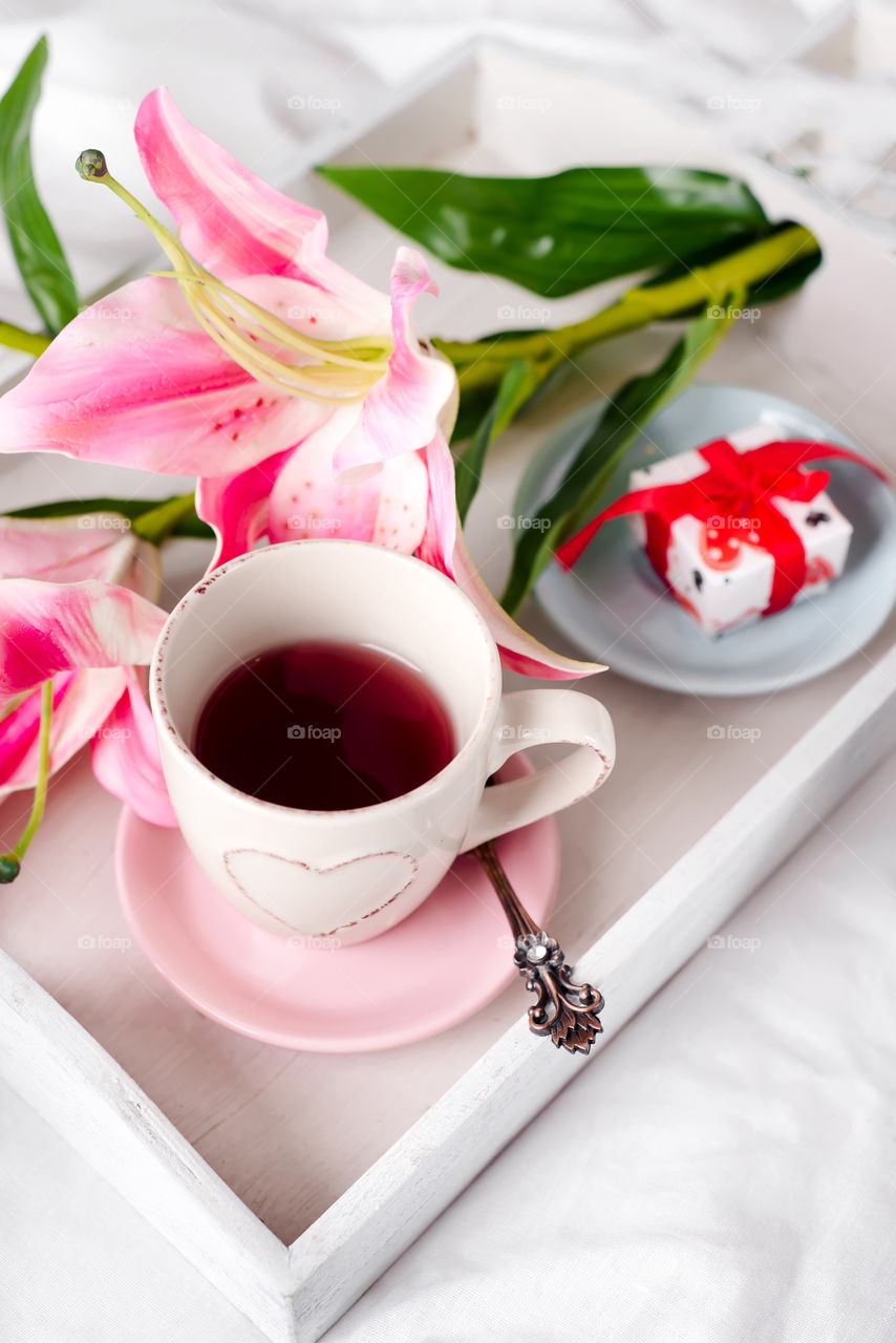 Tea with flowers on a box