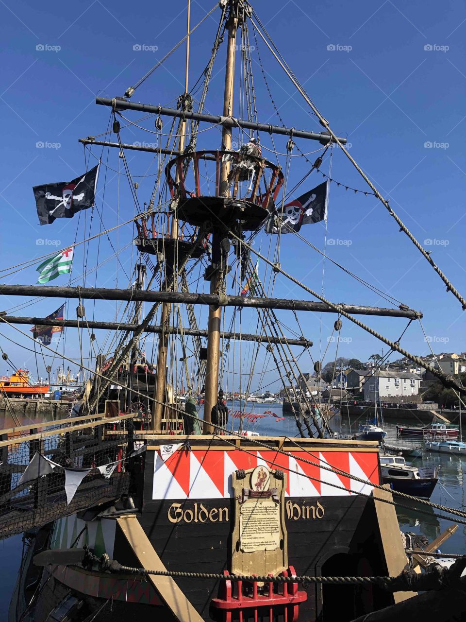 Close up feature of the famous “Golden Hind” vessel a permanent feature in Brixham Harbor, Devon,UK
