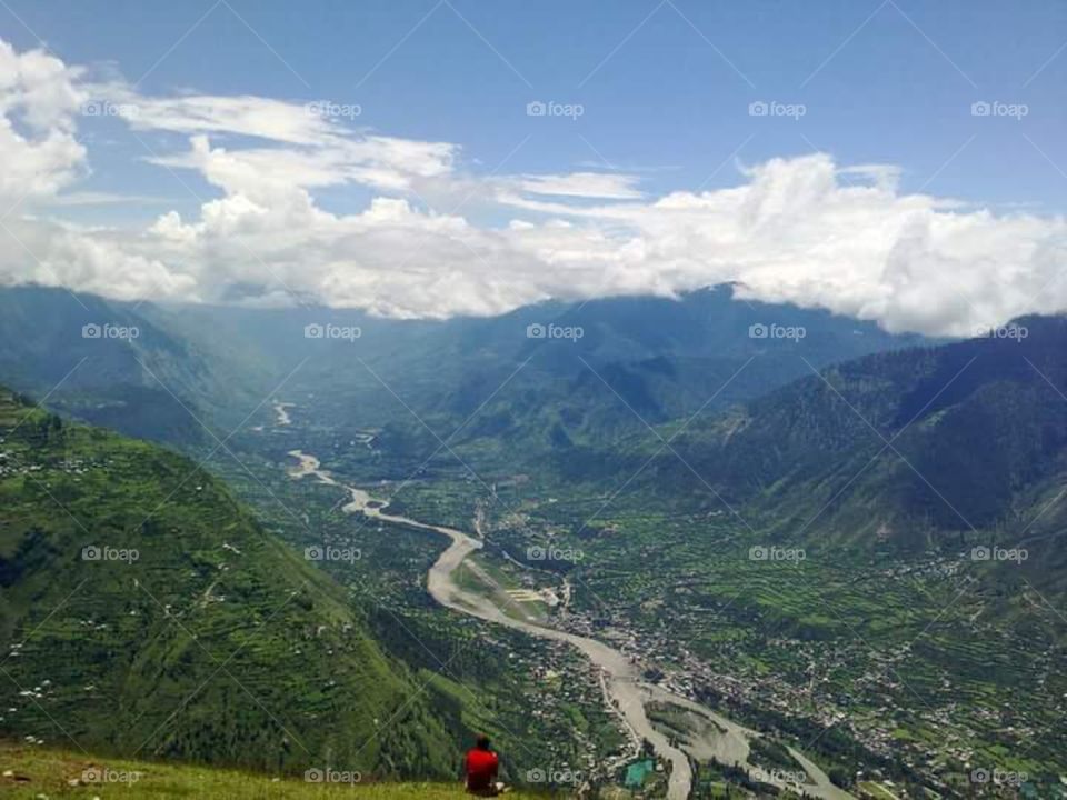 mountains with green grass and trees..... white cloud with clean sky, little little fod..... with the beas river of kullu and having small houses...