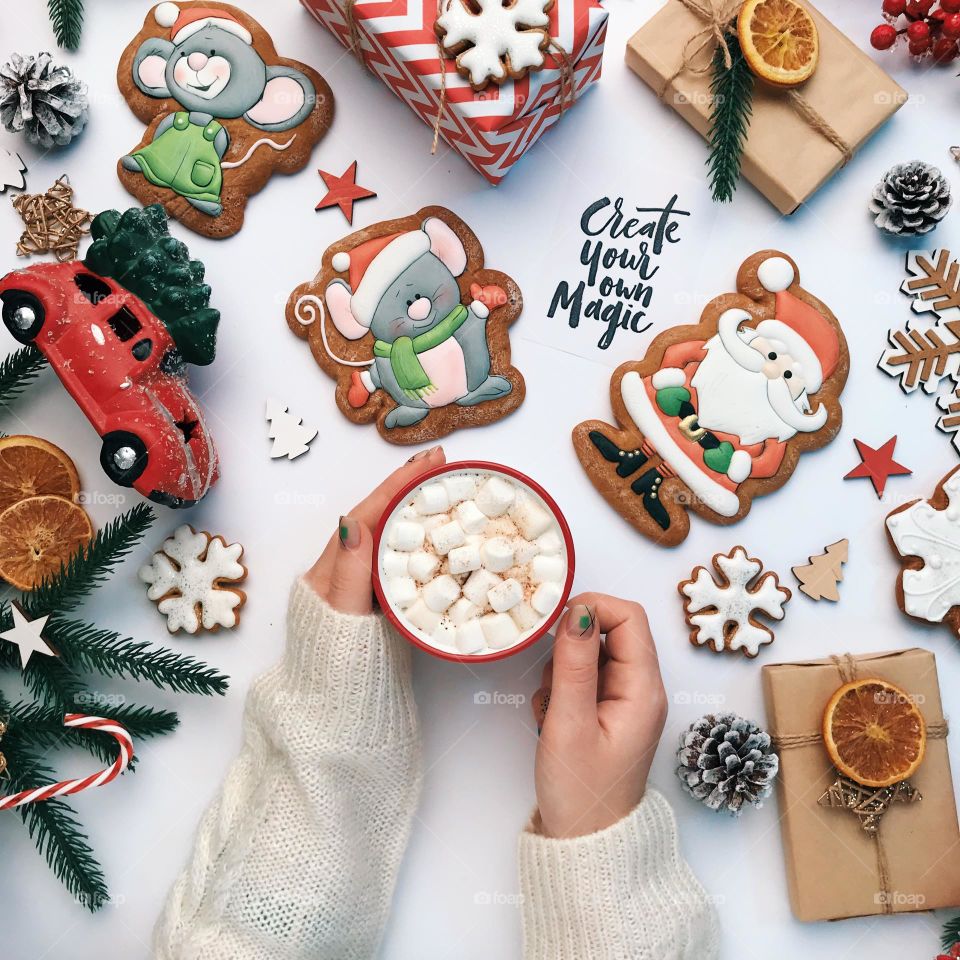 Cacao with marshmallow. Christmas cookies. 