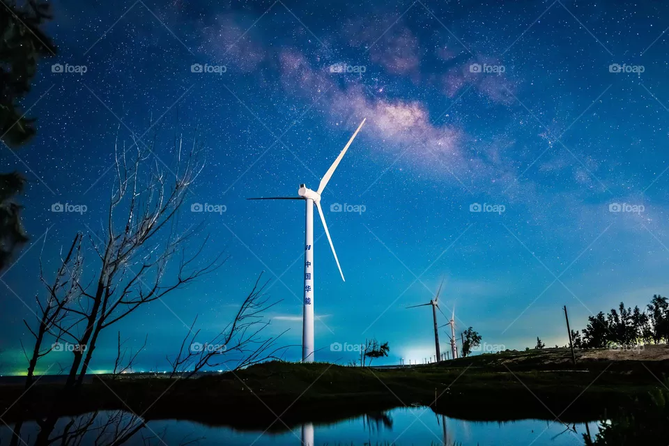 Windmill with Milky Way sky 