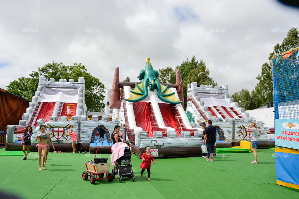 Jumping castles at theme park Halmstad adventure land in Sweden.