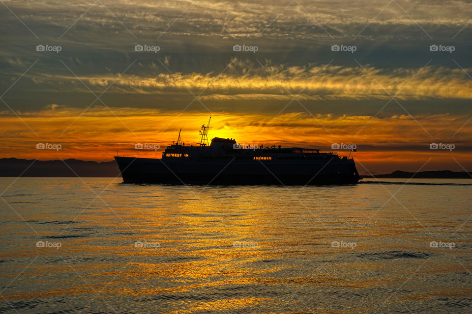 Sunset over a ferry on the Salish Sea