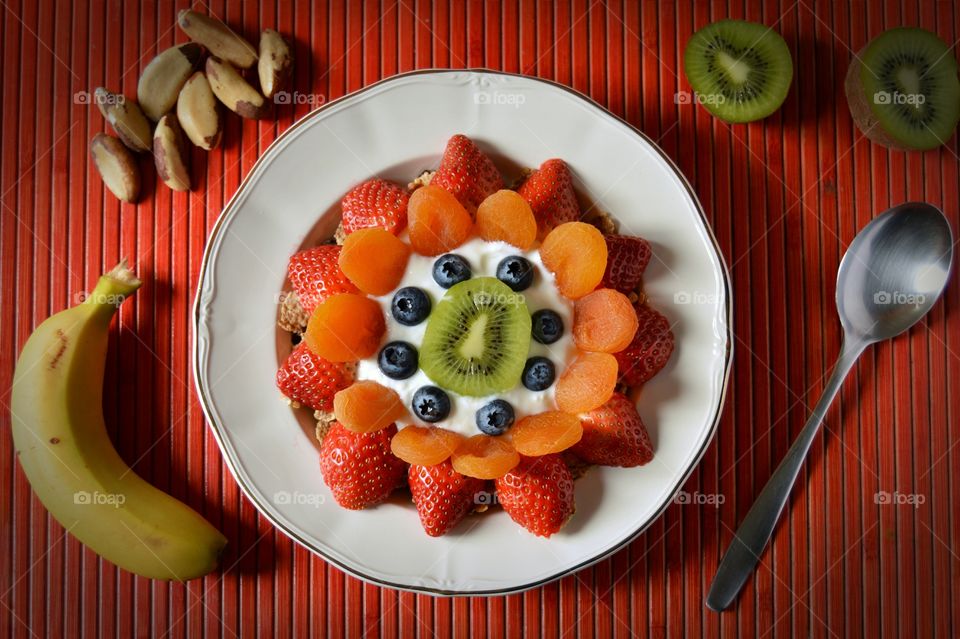 Decorated breakfast on red background