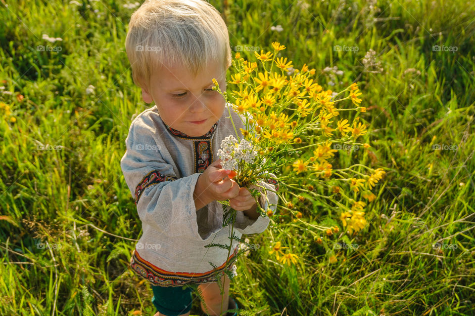 Cute blond little boy with yellow flowers on the field