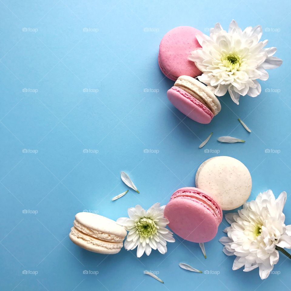 Tasty macaroons with flowers.